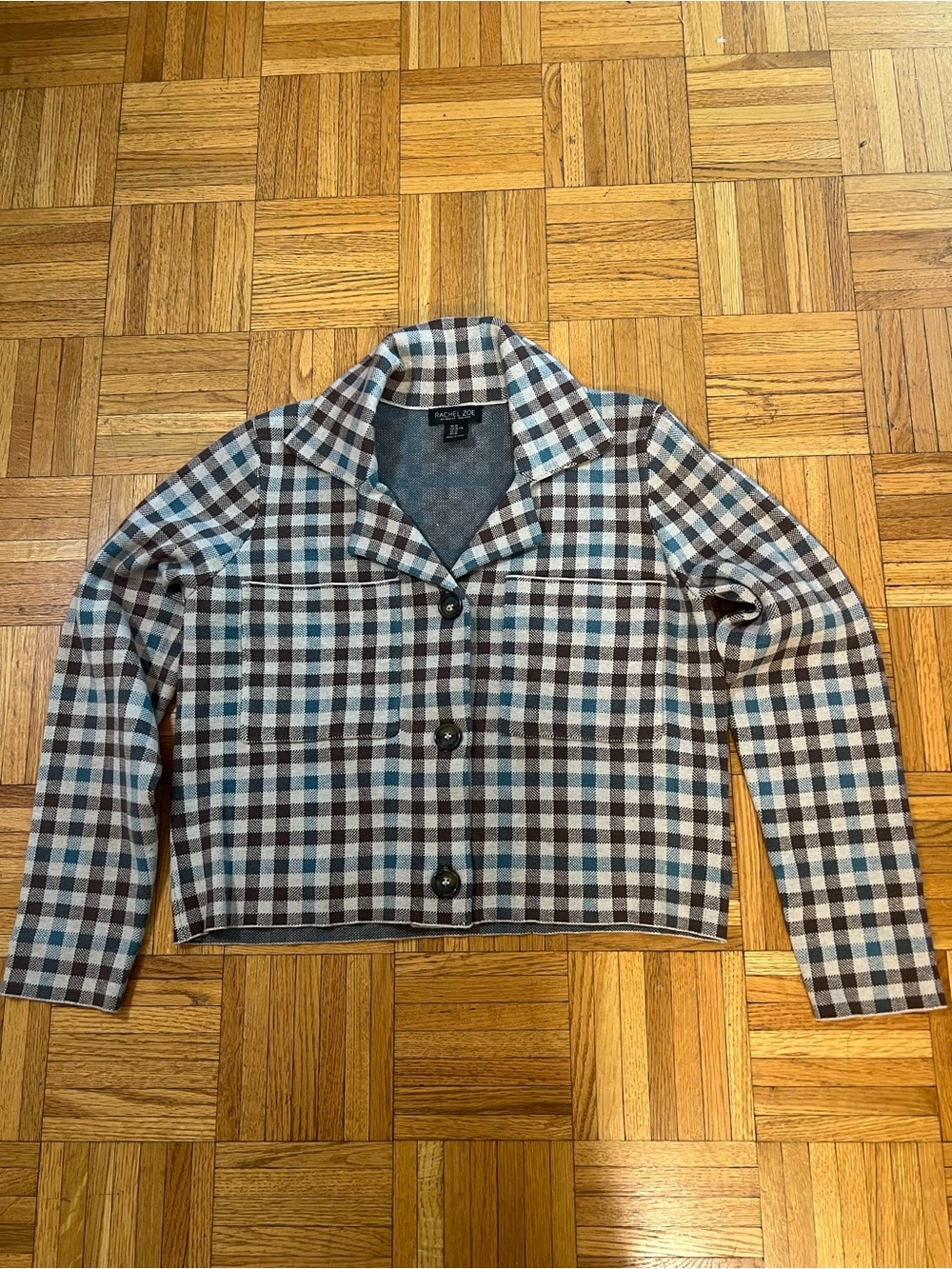 Fall Jacket! Rachel Zoe Teal and Chocolate Brown Plaid Cropped Blazer size XL